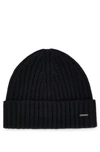 Hugo Boss Mens Ribbed Brand-patch Wool Knitted Beanie Hat Black