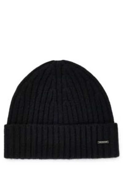 Hugo Boss Ribbed Beanie Hat In Cashmere In Black