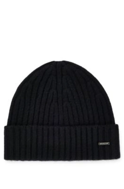 Hugo Boss Mens Ribbed Brand-patch Wool Knitted Beanie Hat Black