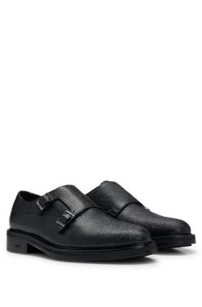 Hugo Boss Grained-leather Monk Shoes With Double Strap In Black