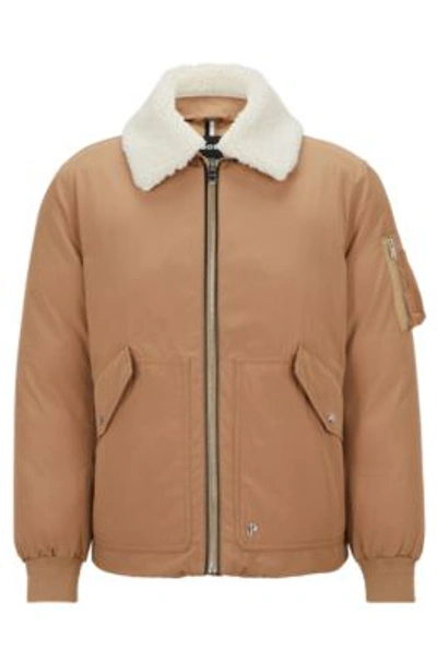 Hugo Boss Water-repellent Jacket With Faux-fur Collar In Beige