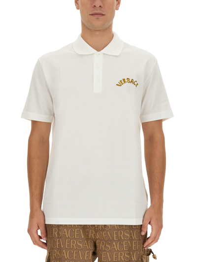Versace Polo With Logo Embroidery In White