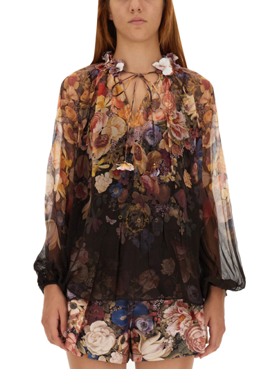 Zimmermann Flower Print Blouse In Black