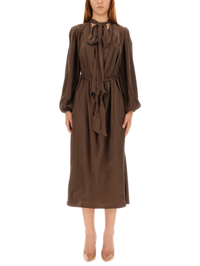 Zimmermann Billow Pussy-bow Belted Silk-satin Midi Dress In Chocolate