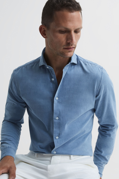 Reiss Draper - Blue Washed Chambray Button-through Shirt, Uk X-small