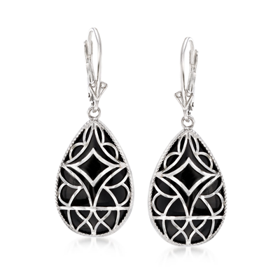 Ross-simons Black Onyx Overlay Drop Earrings In Sterling Silver