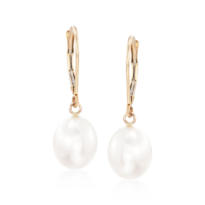 Ross-simons 8-8.5mm Cultured Pearl Oval Drop Earrings In 14kt Yellow Gold In White