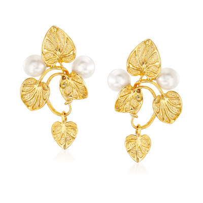 Ross-simons Italian 6mm Cultured Pearl Vine Drop Earrings In 18kt Gold Over Sterling In White