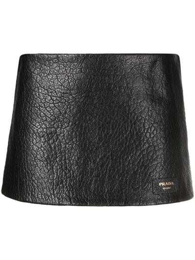 Prada Logo-patch Leather Mini Skirt In Black