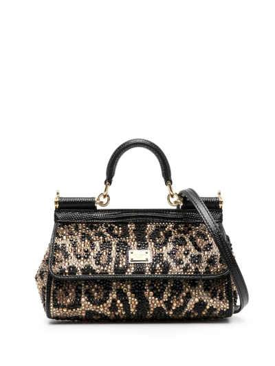 Dolce & Gabbana Medium Sicily Rhinestone-embellished Leather Bag In Black