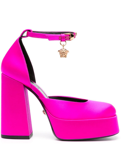 Versace 165mm Medusa Aevitas Satin Platform Pumps In Fuchsia,gold