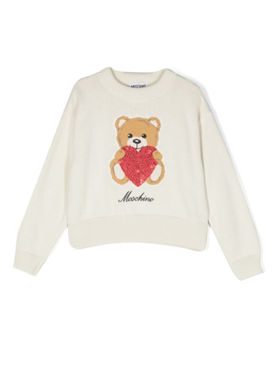 Moschino Teddy Bear-embroidered Ribbed-knit Jumper In Weiss