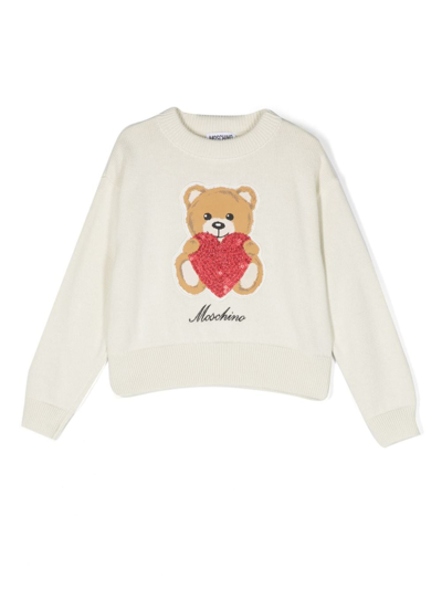 Moschino Kids' Teddy Bear-embroidered Ribbed-knit Jumper In Weiss