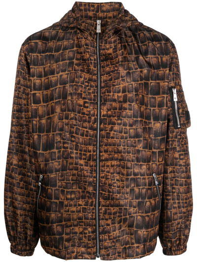 Versace Crocodile-print Hooded Jacket In Braun