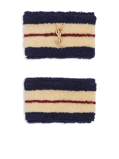 Saint Laurent Striped Terrycloth Wristband (pack Of Two) In Blau