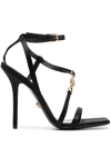 Versace Satin Ankle Strap Sandals With Golden And Rhinestone Logo 12 In Black