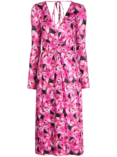 Rotate Birger Christensen Floral-print Ruched Midi Dress In Pink
