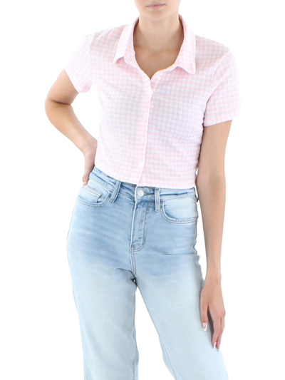 Ultra Flirt Juniors Womens Knit Short Sleeves Button-down Top In Pink