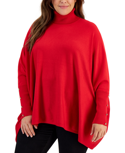Jm Collection Plus Size Solid Turtleneck Poncho Sweater, Created For Macy's In Real Red