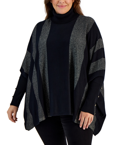 Jm Collection Plus Size Lurex-striped Turtleneck Poncho Sweater, Created For Macy's In Deep Black Lure