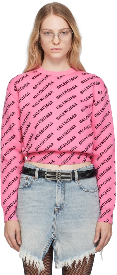Balenciaga Cropped Sweater Cotton Mini Logo All Over Knit In Pink