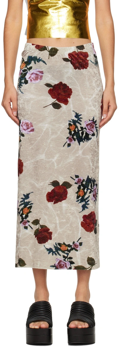 Dries Van Noten Off-white Rose Print Midi Skirt In Beige