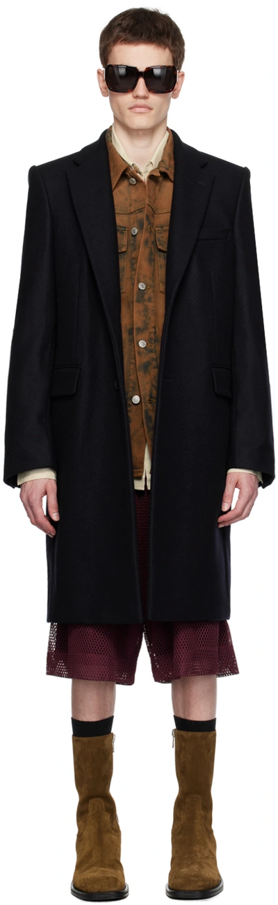 Dries Van Noten Navy Peaked Lapel Coat In 509 Navy