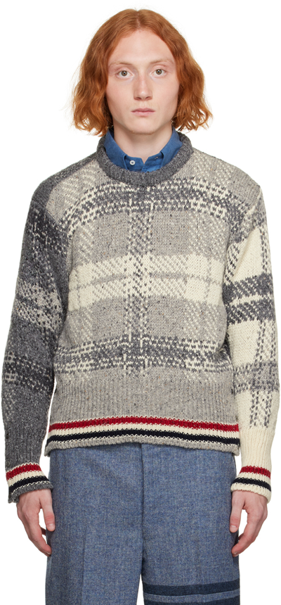Thom Browne Gray Check Sweater In 982 Tonal Grey