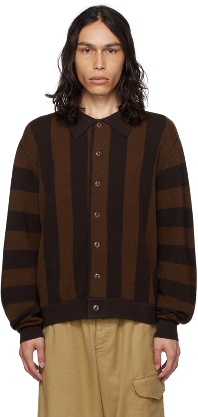 Ymc You Must Create Striped Knitted Wool Cardigan In Brown