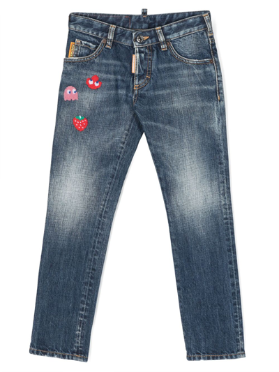 Dsquared2 Kids' D2p110u Clement Jean Trousers Dsquared Medium Blue Gradient Clement Straight Jeans With Pac-man Patc