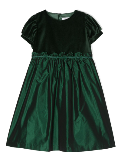 Mariella Ferrari Kids' Velvet-trim Puff-sleeve Dress In Green