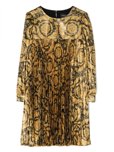 Versace Kids' Baroque-print Pleated Dress In Black/gold