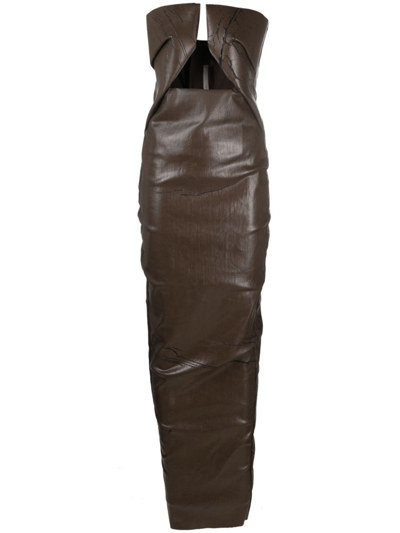 Rick Owens Strapless Coated Denim Gown In Brown