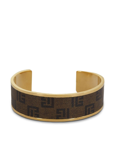 Balmain Monogram Canvas Open Bangle In Brown