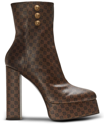 Balmain Brune Mini Monogram Ankle Boots In Brown