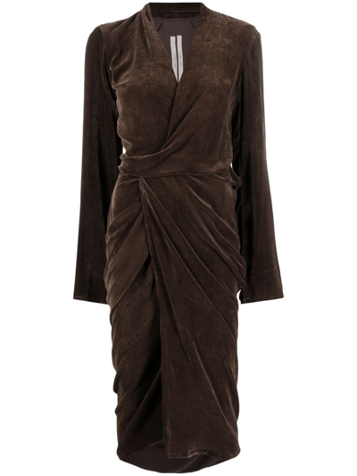 Rick Owens Velvet Wrap Midi Dress In Brown