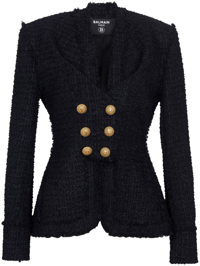 Balmain 6 Btn Double Breasted Tweed Jacket In Black