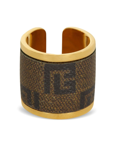 Balmain Monogram-pattern Gold-tone Ring In Brown