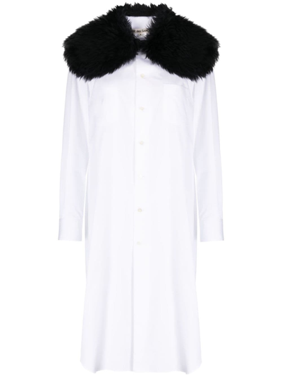 Comme Des Garçons 皮草领中长衬衫裙 In White