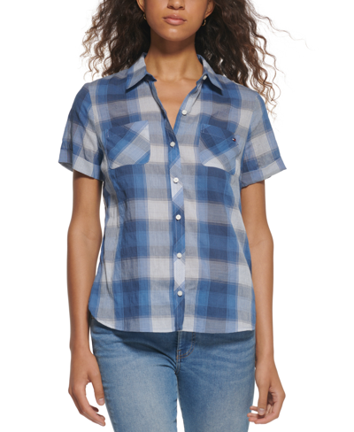 Tommy Hilfiger Women's Button-front Plaid Camp Shirt In Coy Crinkle Plaid- Blue Multi