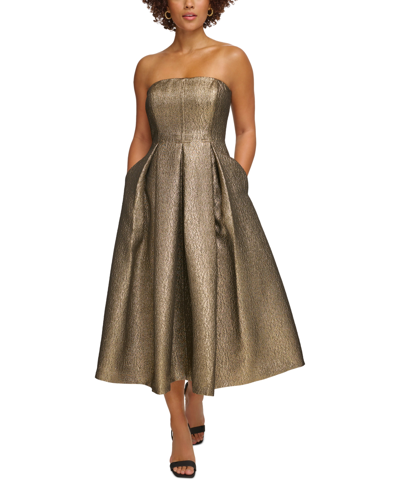 Calvin Klein Women's Strapless Metallic Jacquard Formal Dress In Gold