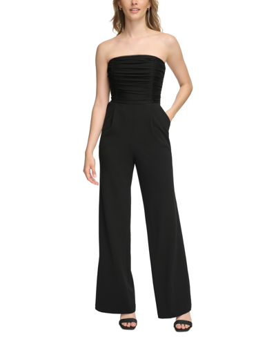 Calvin Klein Women's Ruched-bodice Strapless Jumpsuit In Black