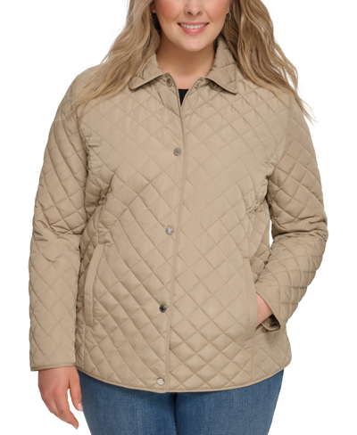 Calvin Klein Womens Plus Size Collared Quilted Coat In Birch