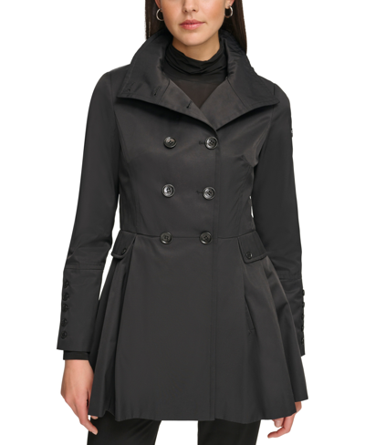 Calvin Klein Women's Water Resistant Hooded Double-breasted Skirted Raincoat In Black