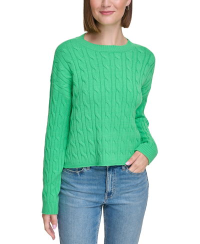 Calvin Klein Jeans Est.1978 Women's Lightweight Cable Knit Cropped Long Sleeve Crewneck Sweater In Island Green