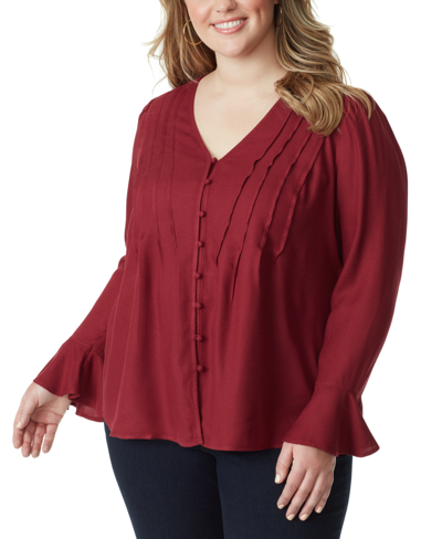 Jessica Simpson Trendy Plus Size Button-front V-neck Top In Syrah