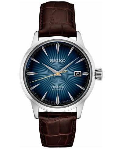 Seiko Men's Automatic Presage Cocktail Time Brown Leather Strap Watch 41mm In Blue