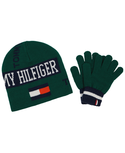 Tommy Hilfiger Big Boys Reversible Logo Mix Beanie And Glove Set, 2 Piece In Forest Biome Multi