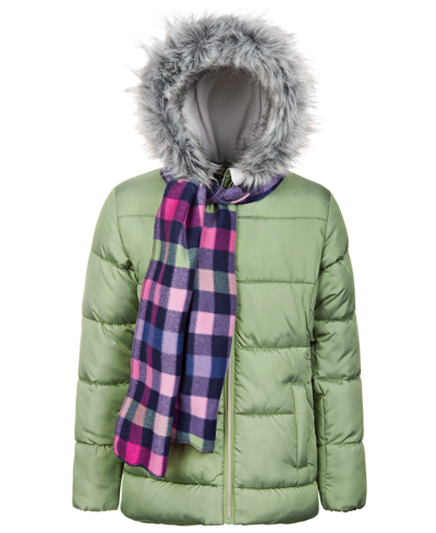 S Rothschild & Co Big Girls Solid Quilt Puffer Coat & Plaid Scarf In Sage