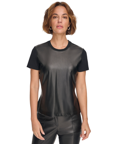 Dkny Women's Mixed-media Side-ruched Short-sleeve Crewneck Top In Black/black